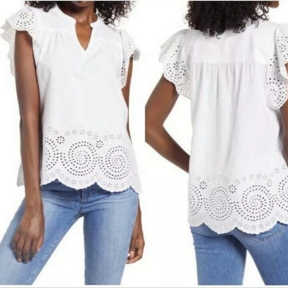 Faherty Aurora Cotton White Eyelet Ruffle Sleeve Top Sz large